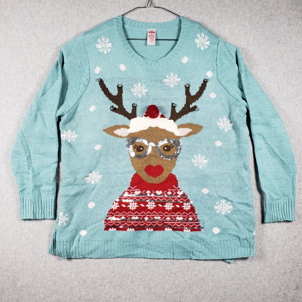 Holiday Time Reindeer Sweater Light Up Face Aqua Blue Knit Christmas 3X‎